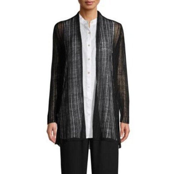 Eileen Fisher Cardigan Organic Italian Linen Blend Open Knit Duster Crepe Black - Picture 6 of 14